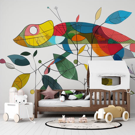 Colorful geometric chameleon wallpaper brightening a modern kids bedroom with white furniture and playful accessories