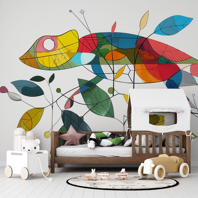 Colorful geometric chameleon wallpaper brightening a modern kids bedroom with white furniture and playful accessories