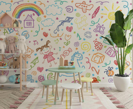 Kids Doodle Art Wallpaper creating a cheerful atmosphere in a modern playroom with natural lighting and creative play areas