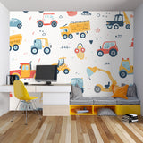 Construction vehicle wallpaper brings fun to a modern playroom with colorful trucks and machinery