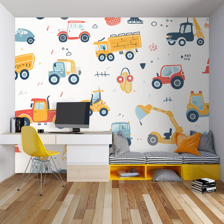 Construction vehicle wallpaper brings fun to a modern playroom with colorful trucks and machinery