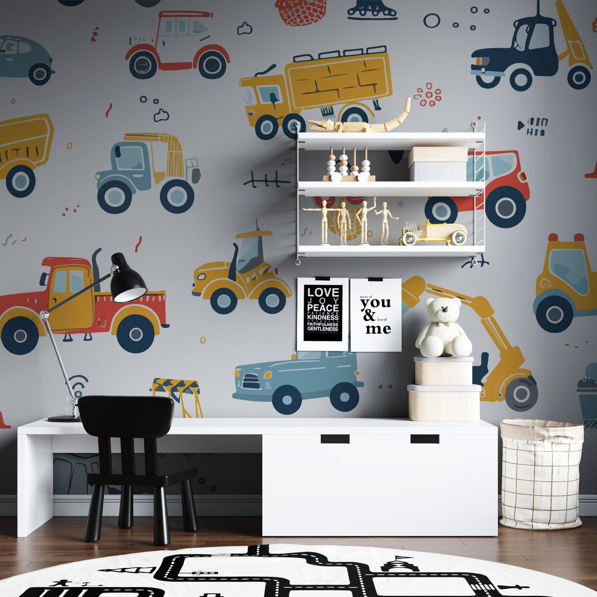 Kids bedroom featuring cheerful construction vehicle wallpaper with yellow and red trucks