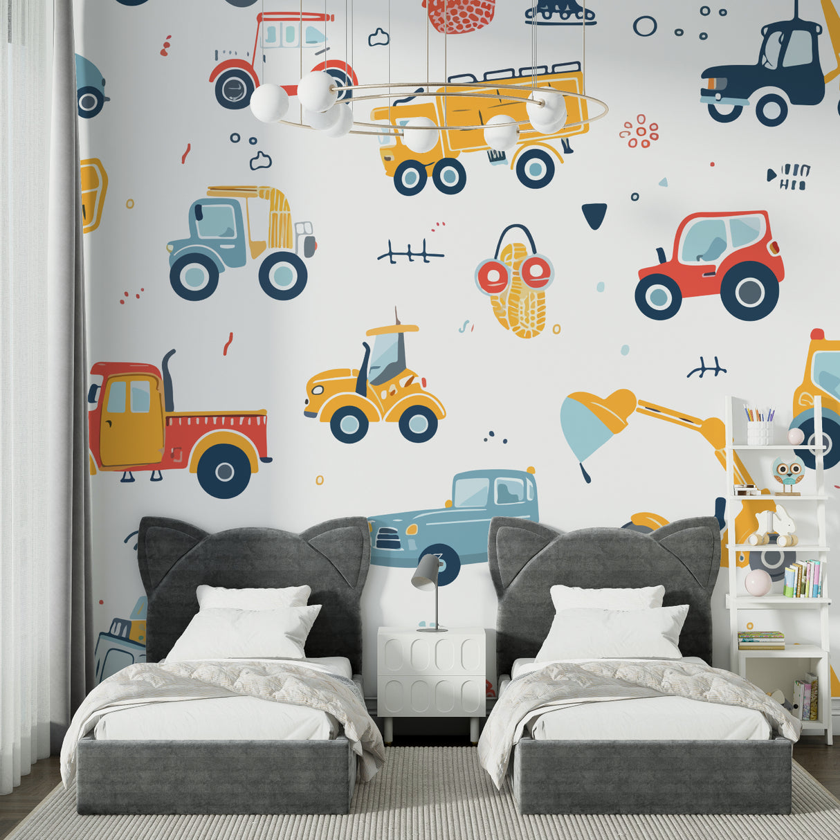 Construction themed wallpaper in a bright nursery showcasing playful vehicle patterns