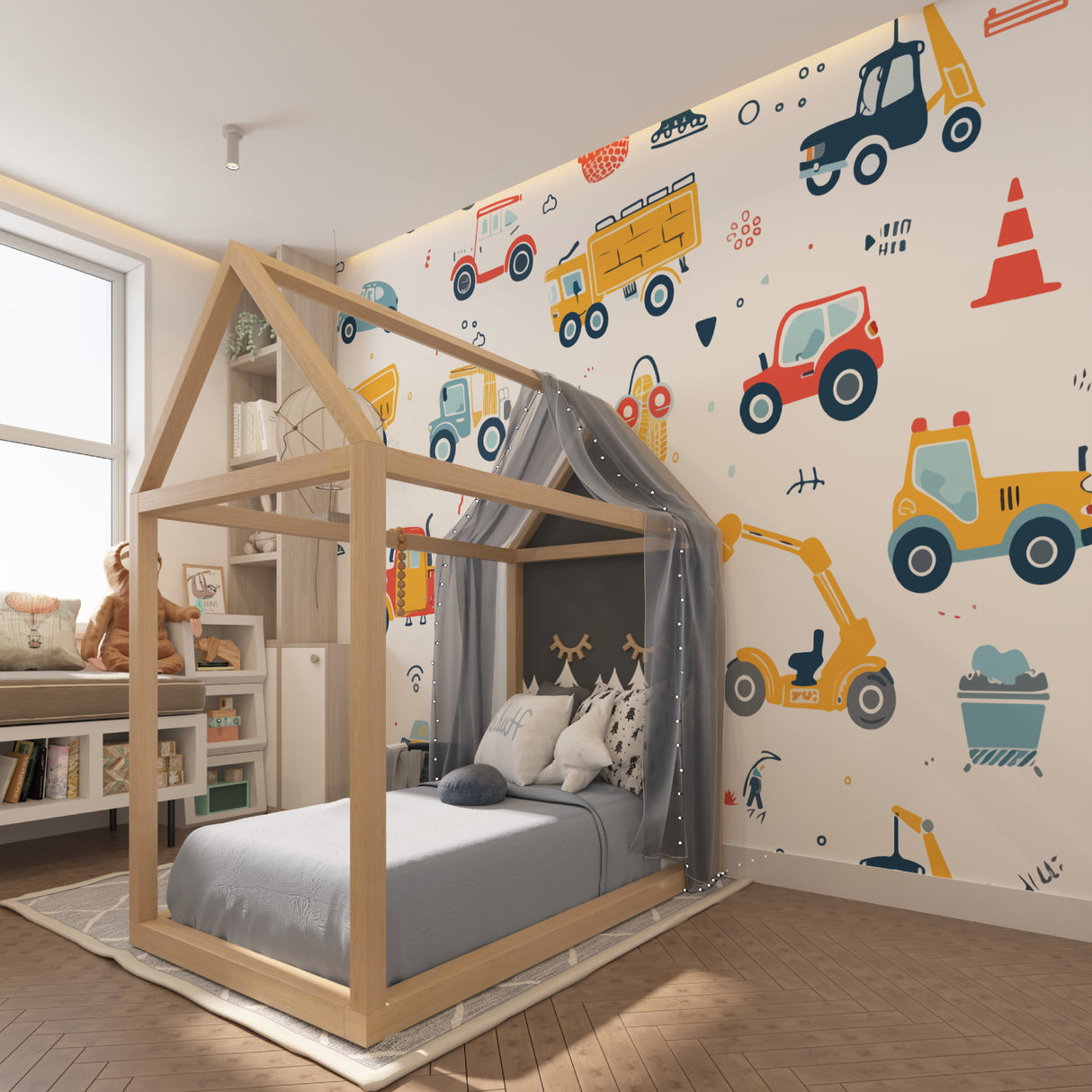Study area with fun construction vehicle wallpaper creating an engaging learning space