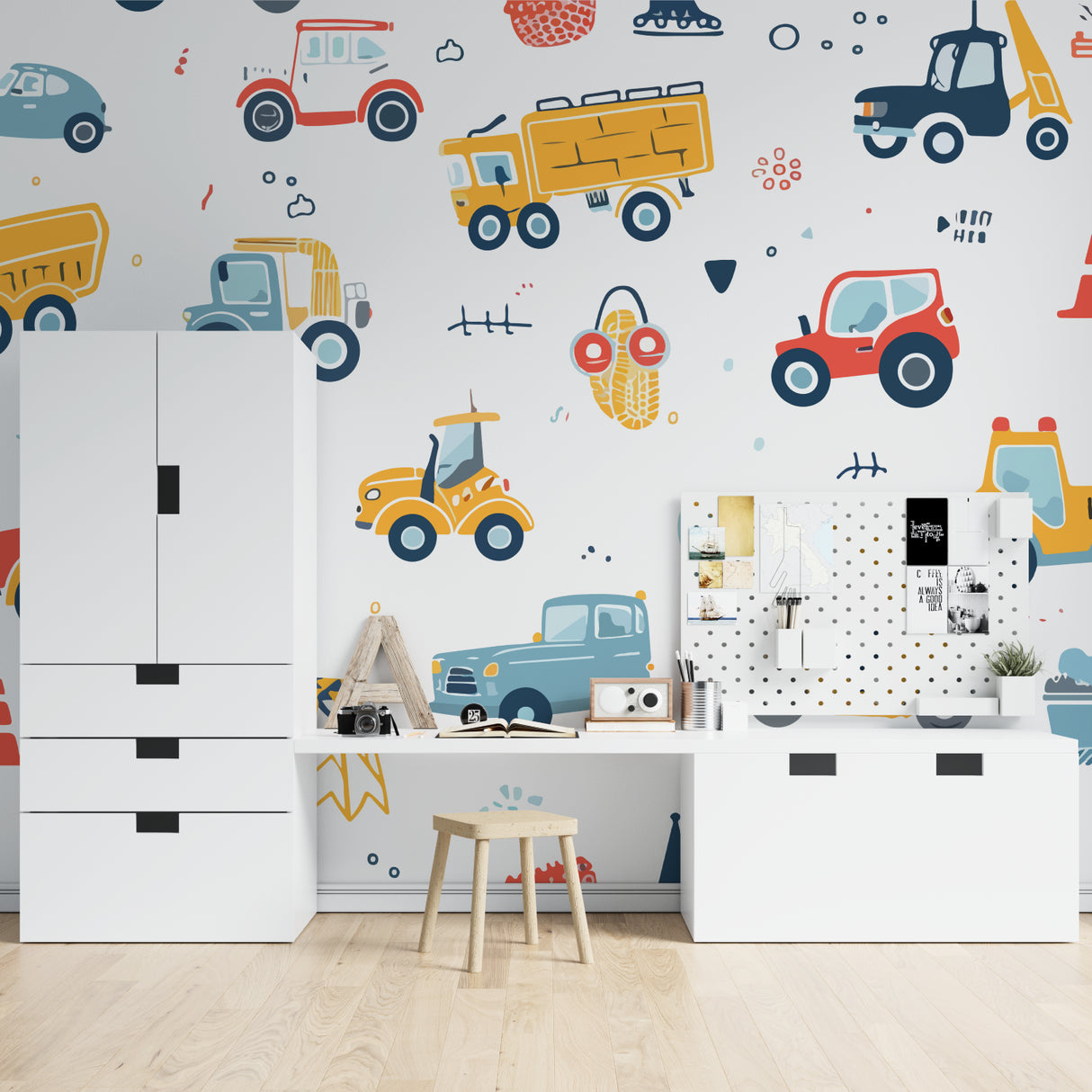 Children's play corner decorated with colorful construction vehicle wall mural