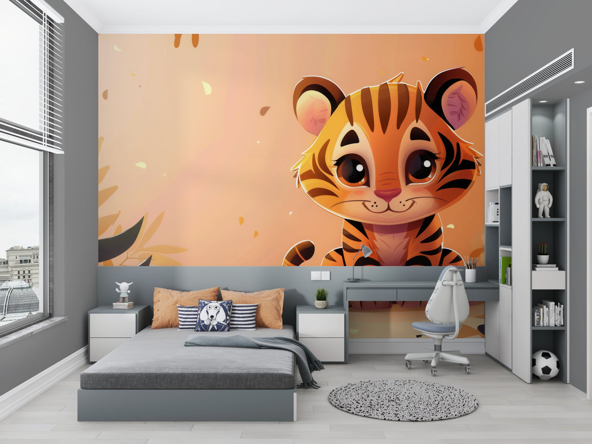 Cute Tiger Mural displayed in a modern kids playroom with natural lighting