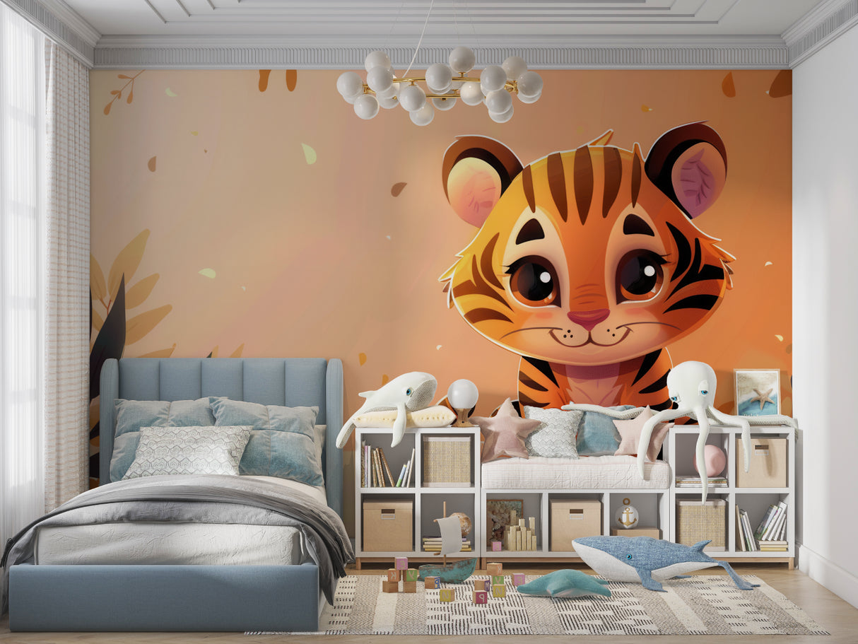 Tiger Kids Wallpaper showcased in a reading nook with cozy furniture