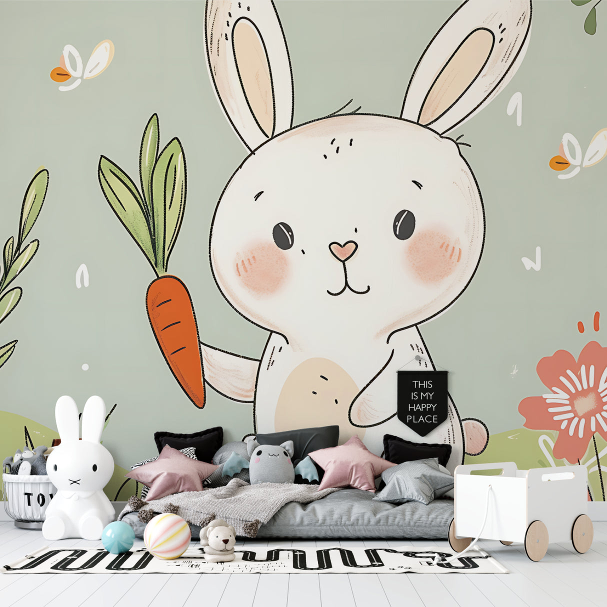 Bunny nursery wallpaper creating a cozy atmosphere in a bright modern nursery