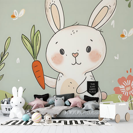 Bunny nursery wallpaper creating a cozy atmosphere in a bright modern nursery
