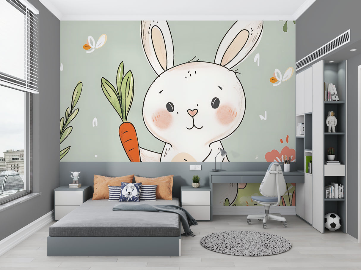 Kids room with bunny wall mural showcasing the sweet design in natural light