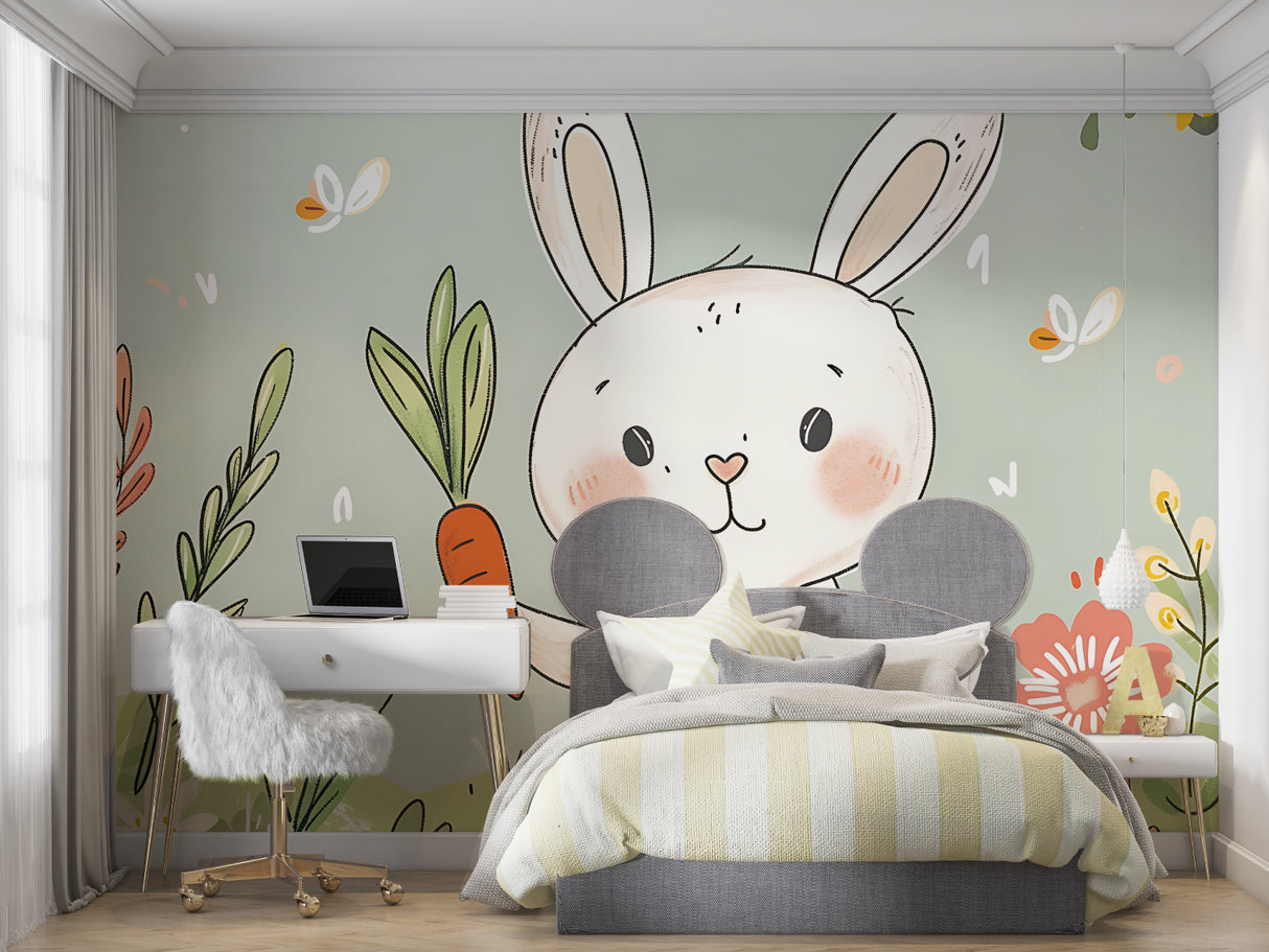 Bunny mural wallpaper creating a peaceful vibe in a baby's nursery