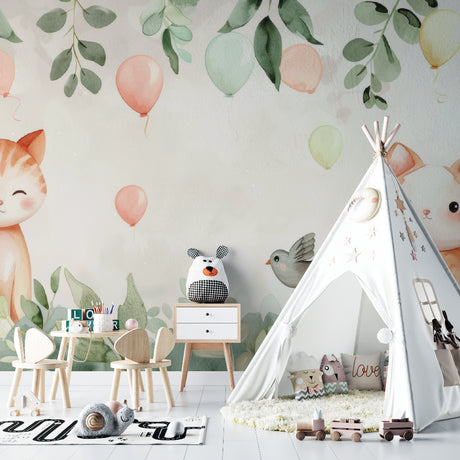 Kids room with Cat and Balloon Wallpaper, showing playful design in natural light