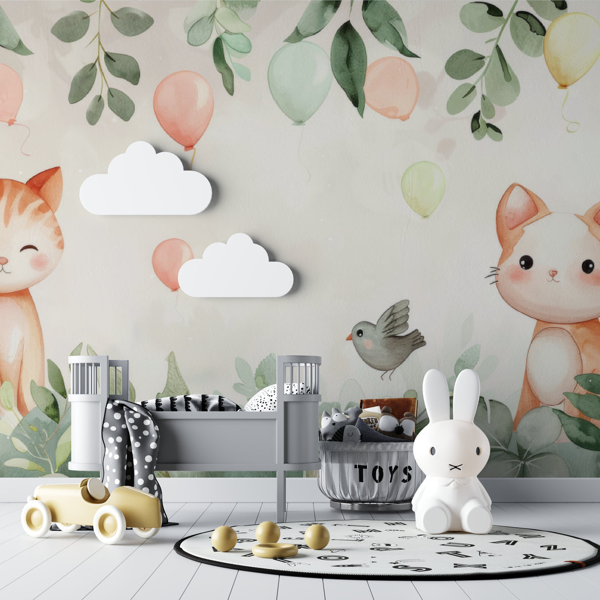 Nursery featuring watercolor Cat Wallpaper with pink balloons and gentle colors