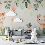 Nursery featuring watercolor Cat Wallpaper with pink balloons and gentle colors