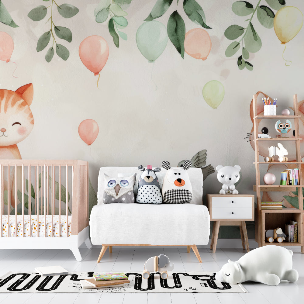 Baby room with Cat and Balloon Mural creating a sweet, dreamy atmosphere