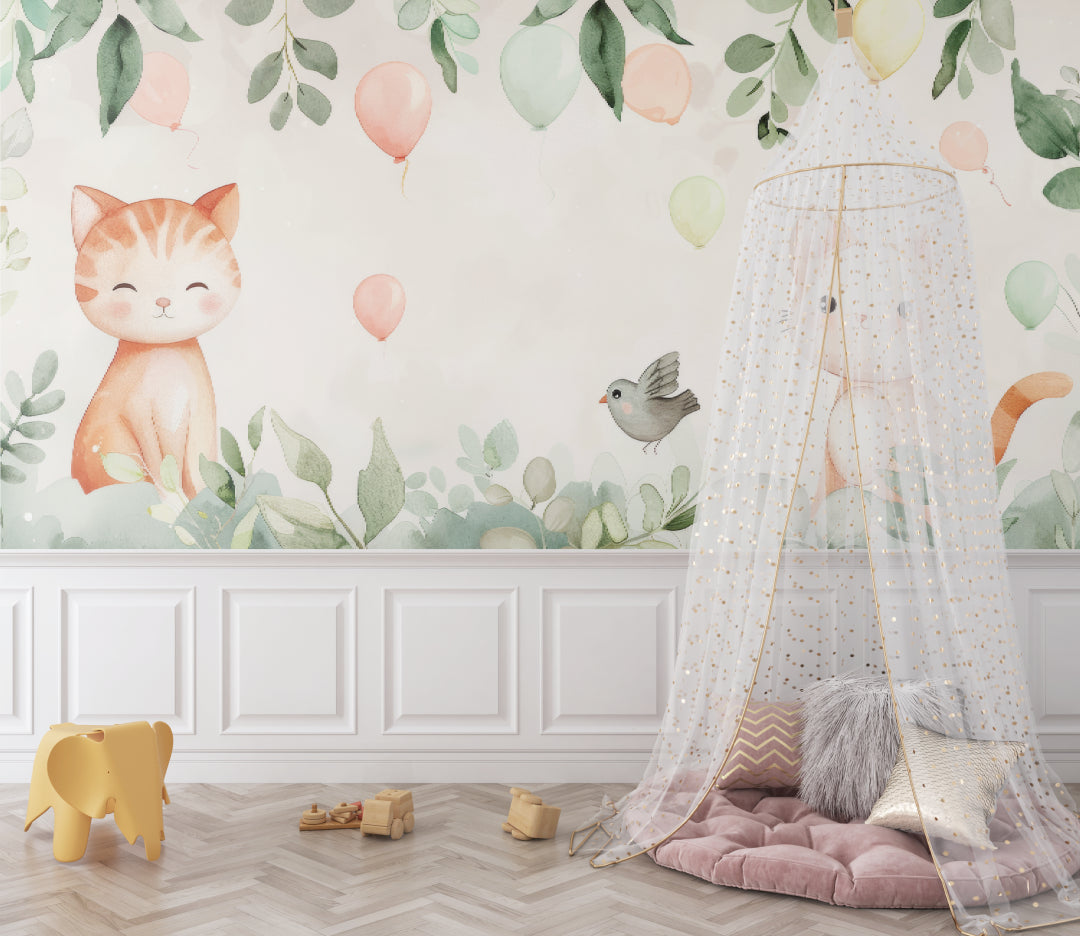 Children's bedroom with playful Cat Wallpaper showing full wall installation
