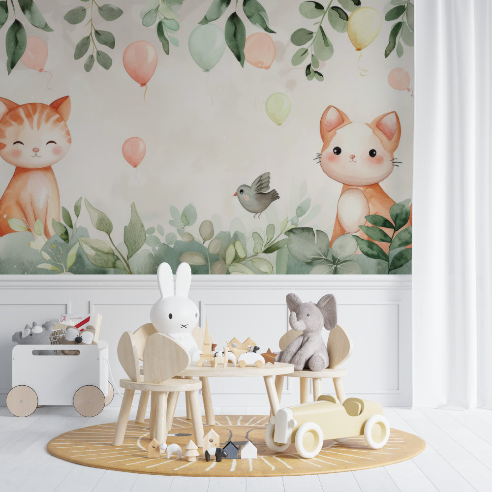 Playroom decorated with Cat and Balloon Wallpaper in soft pastel colors