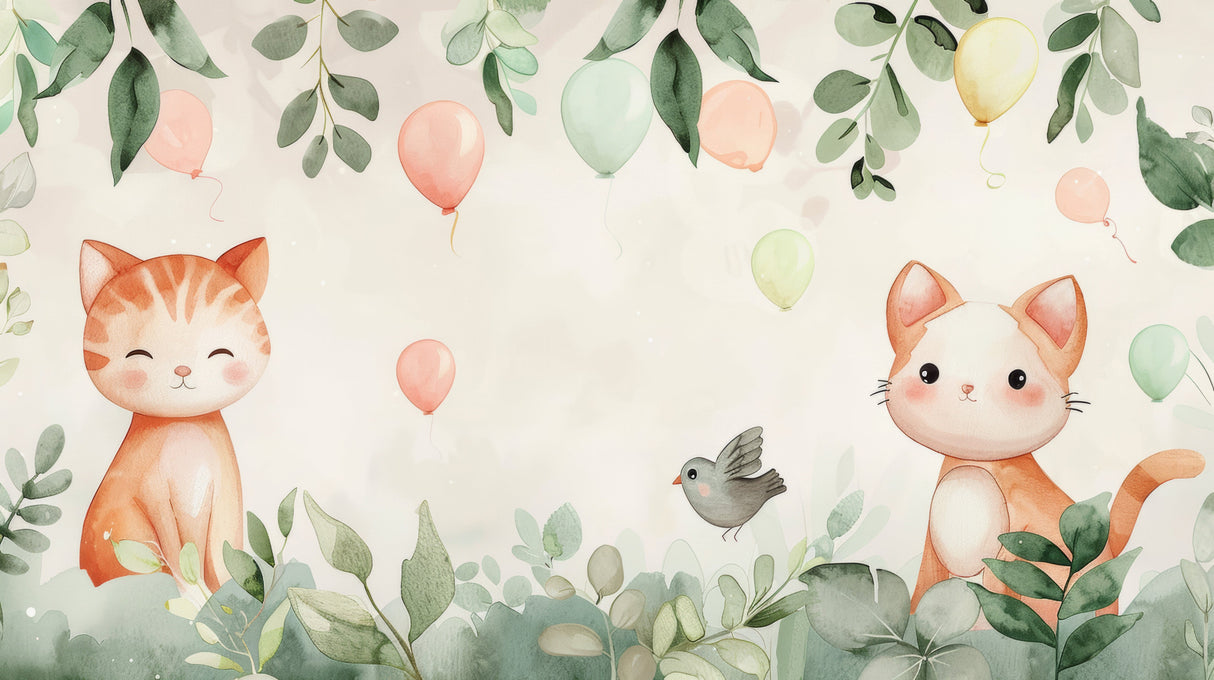 Cat and Balloon Wallpaper design file showing detailed watercolor pattern