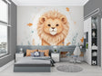 Kids Lion Wallpaper in bright nursery with white furniture showing playful safari theme
