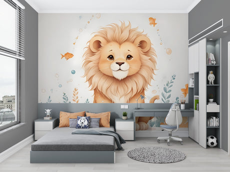 Kids Lion Wallpaper in bright nursery with white furniture showing playful safari theme
