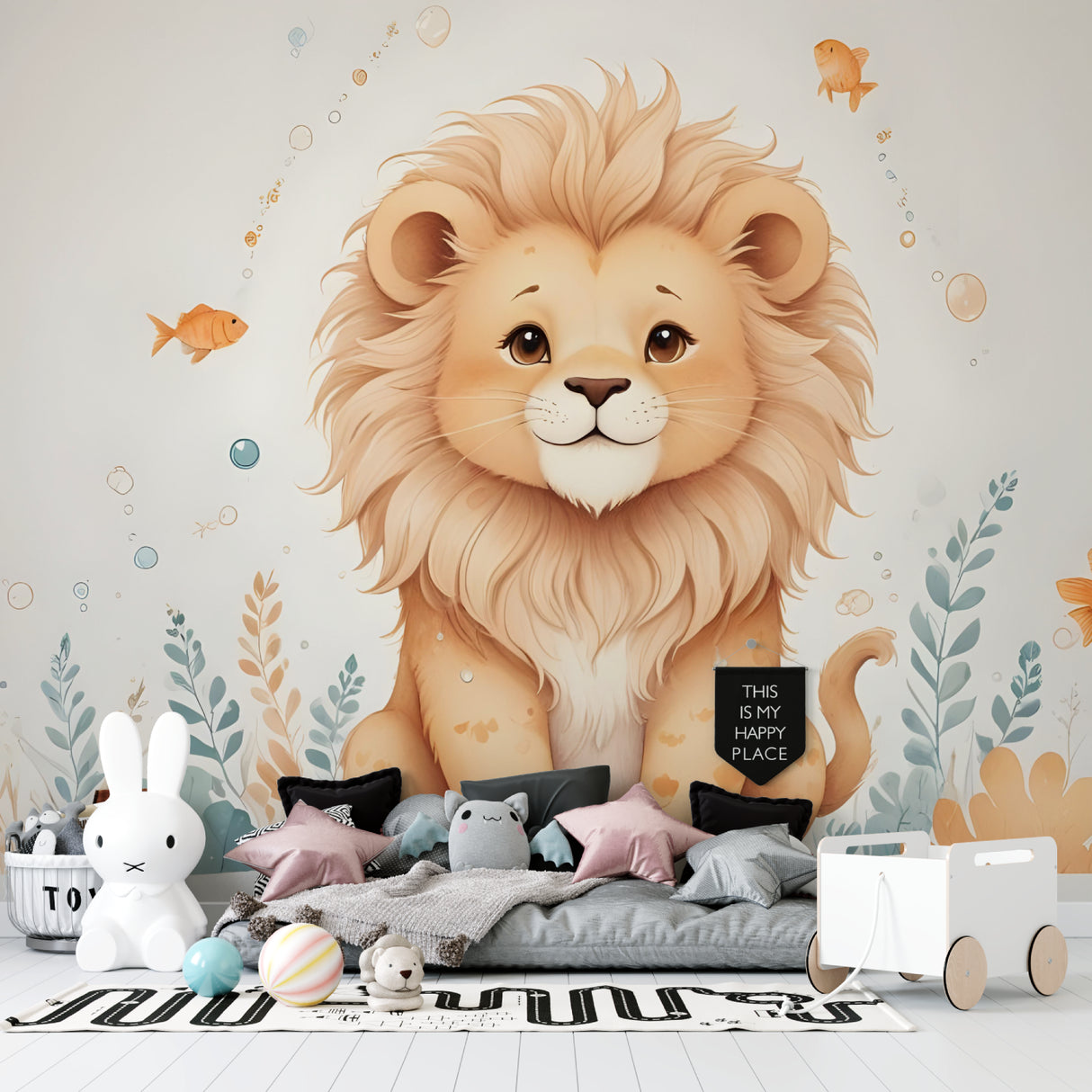Lion Kids Wallpaper in cozy playroom with reading nook and toys