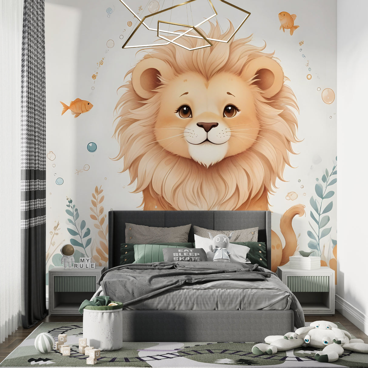 Cute Lion Wallpaper in modern children's bedroom with natural light