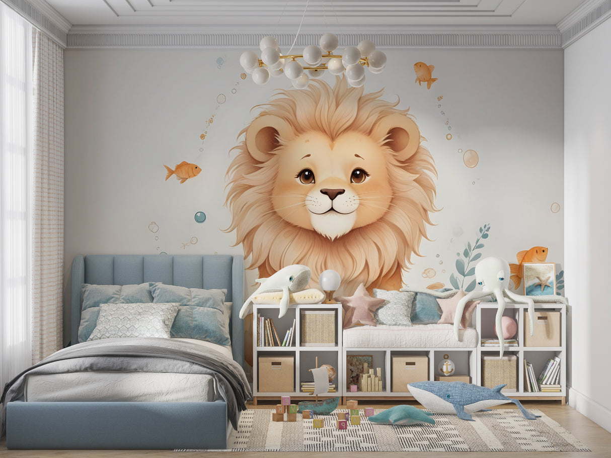 Safari Lion Wallpaper in baby room with matching decor elements