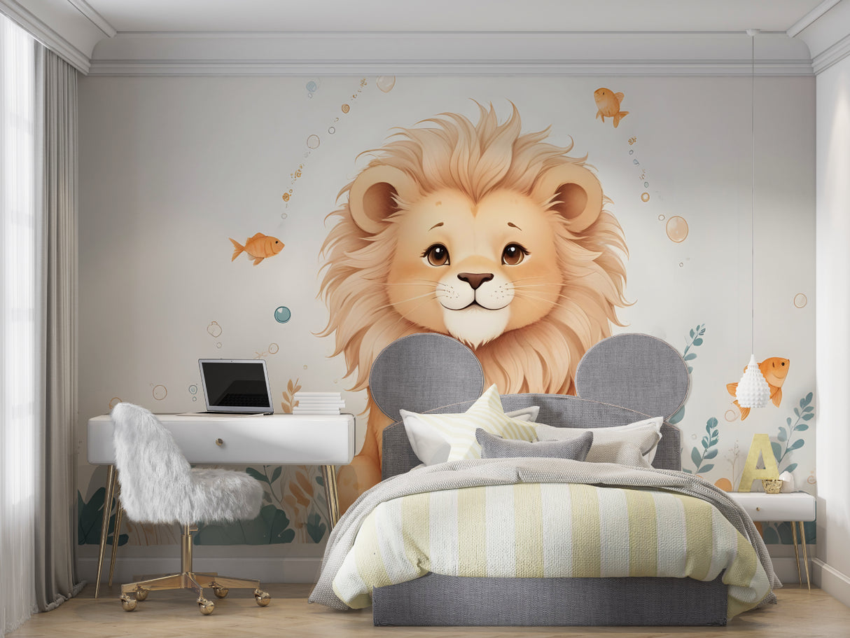 Lion Cub Wallpaper styled in minimalist kids room setting