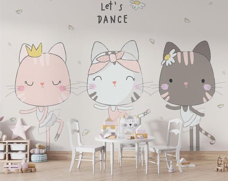 Dancing cats ballet wallpaper in a bright nursery with white furniture