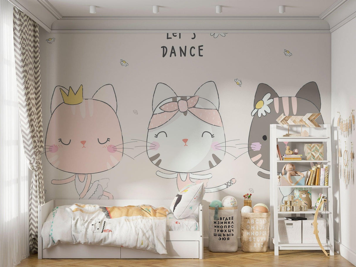 Ballet cats wallpaper in a modern playroom setting