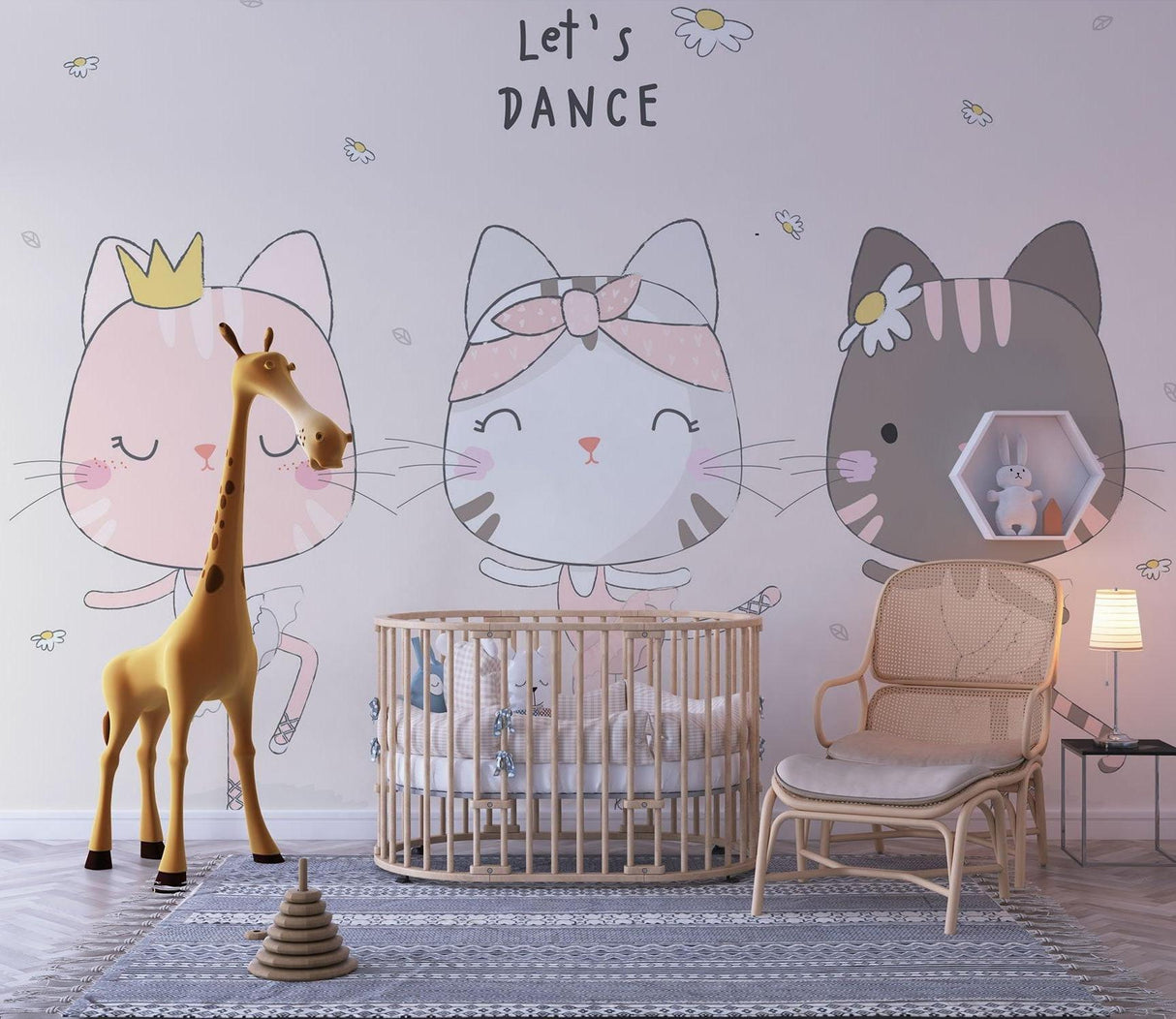 Dancing cats wall mural in a cozy bedroom corner
