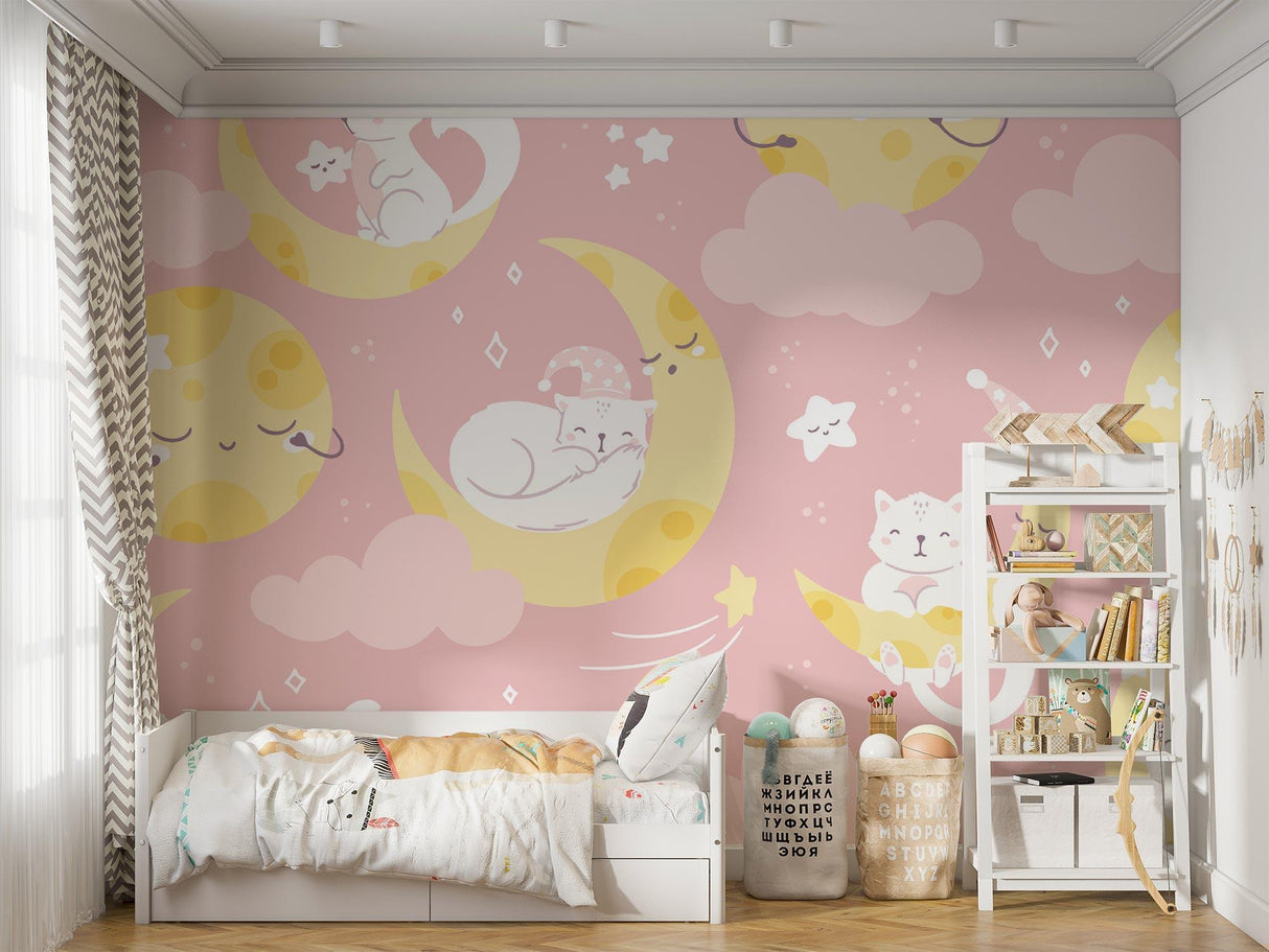 Magical cat and moon wallpaper creating a cozy atmosphere in a modern nursery with soft pink walls and white furniture