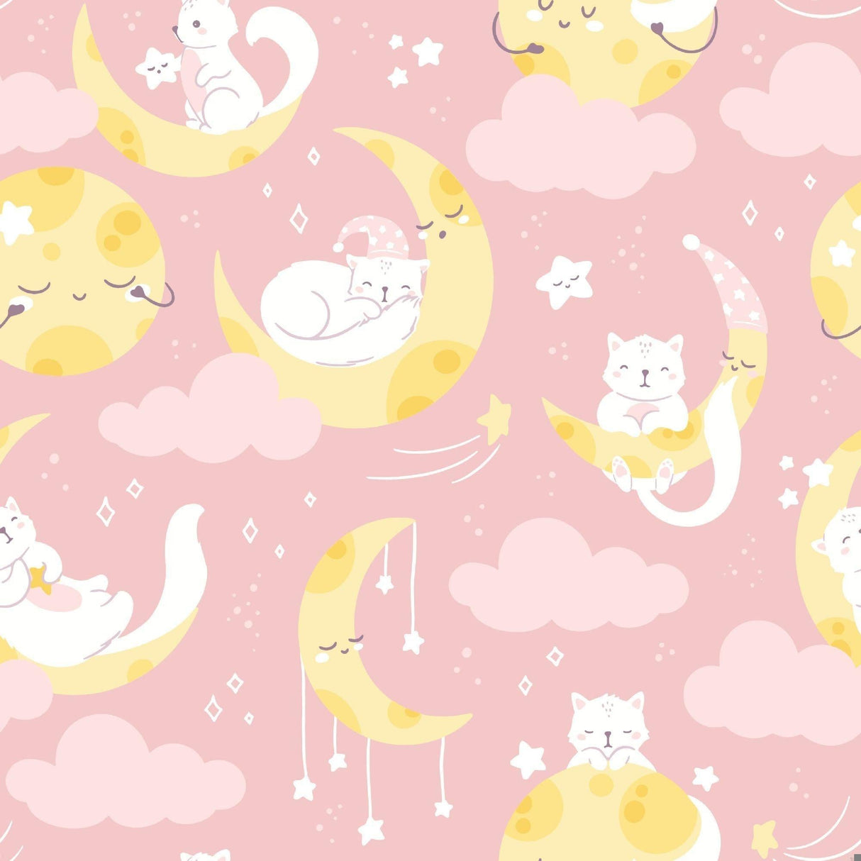 Design file of cat and moon pattern with gentle pink background and playful elements