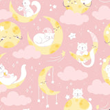 Design file of cat and moon pattern with gentle pink background and playful elements
