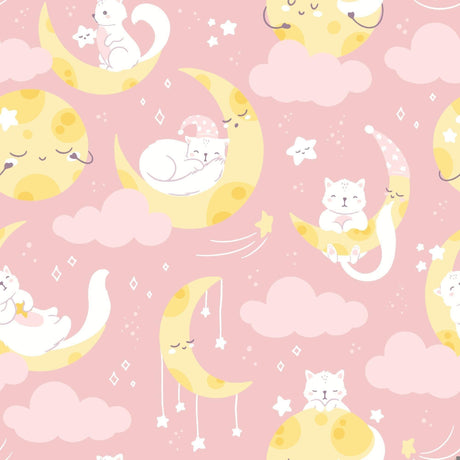 Design file of cat and moon pattern with gentle pink background and playful elements