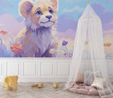 Pastel lion wallpaper in a playroom setting with natural light and wooden toys