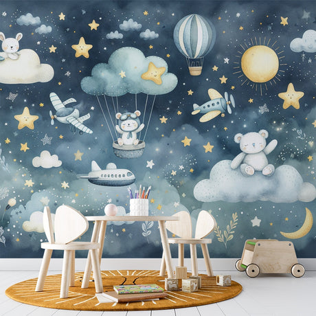 Dreamy sky animals wallpaper in cozy nursery setting with white crib and soft lighting showing floating teddy bears and clouds