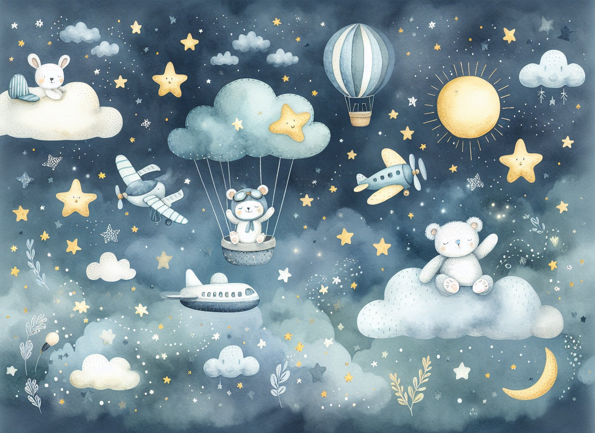 Kids sky wallpaper design file showing full pattern of floating animals, stars, and clouds in watercolor style