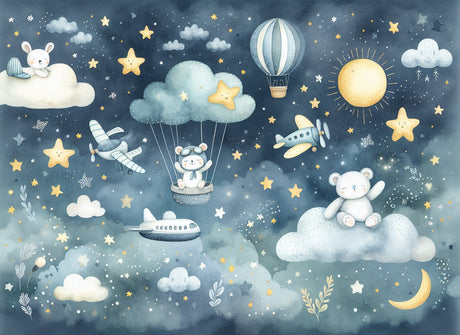 Kids sky wallpaper design file showing full pattern of floating animals, stars, and clouds in watercolor style