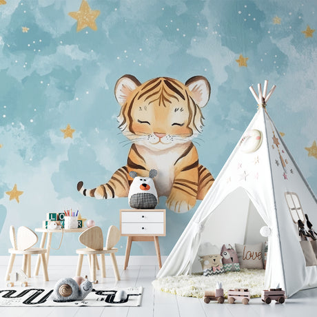 Tiger wallpaper mural shown in cozy nursery with rocking chair and soft lighting