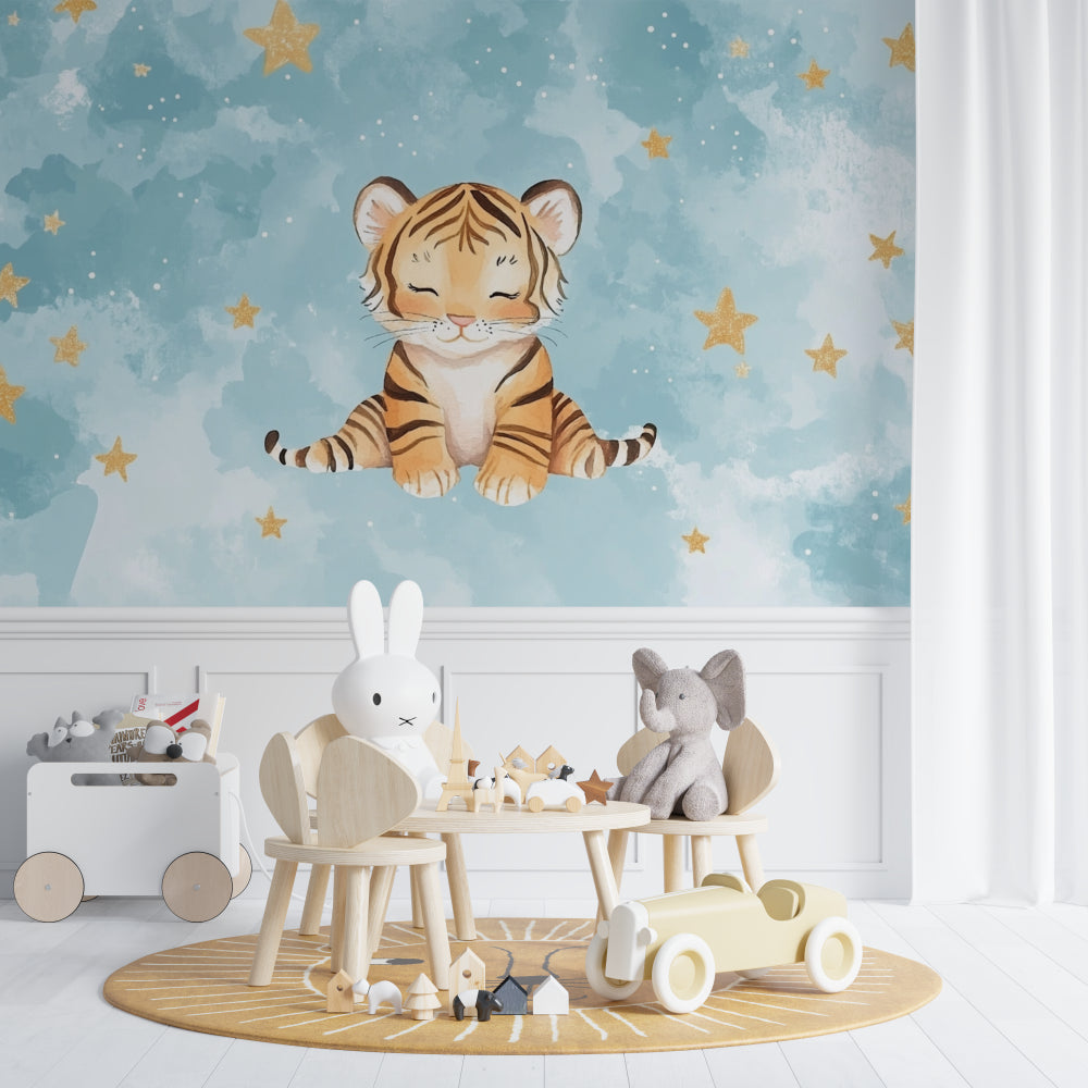 Baby tiger wall mural creating magical atmosphere in toddler's bedroom