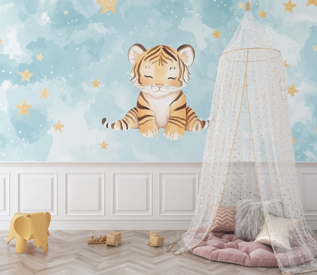 Tiger and stars wallpaper displayed in modern playroom setting