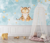 Tiger and stars wallpaper displayed in modern playroom setting