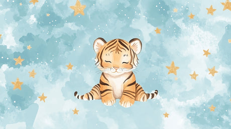 Design file of baby tiger with golden stars pattern on dreamy blue background