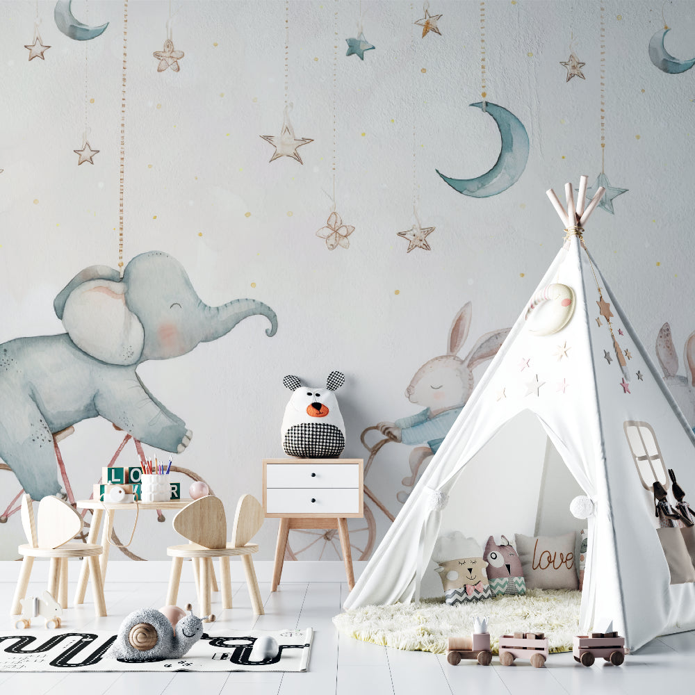 Toddler bedroom with playful animal wallpaper showing scale and full wall application