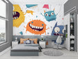 Colorful monster wallpaper bringing joy to a modern kids bedroom with white furniture