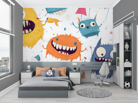 Colorful monster wallpaper bringing joy to a modern kids bedroom with white furniture