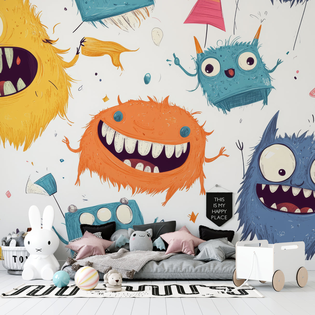 Playful monster wall mural in a bright playroom setting with toys