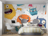 Monster themed wallpaper creating fun atmosphere in a nursery