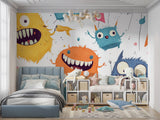 Kids room with monster wallpaper showing scale and bright colors